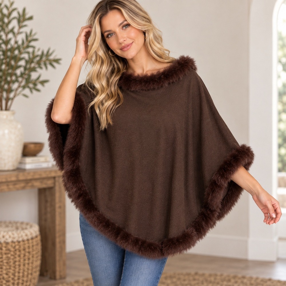 Bette Sung Lightweight Poncho Women OS Brown Faux Fur Trim Knit Cape